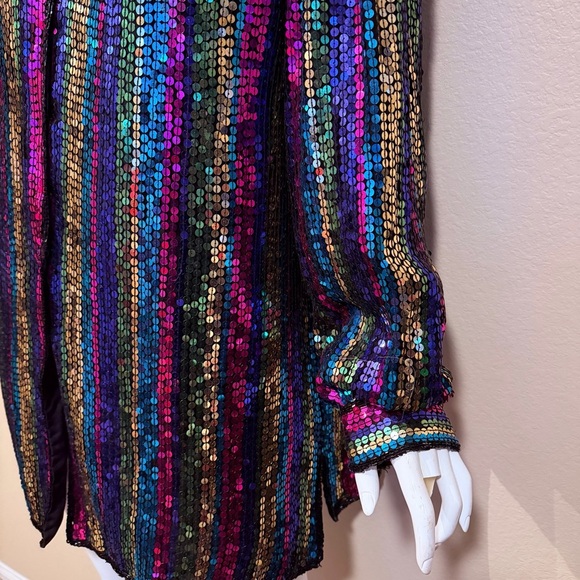 Vintage Jewel Queen Multicolor Sequin Silk Striped Shirt/Jacket - Picture 5 of 10